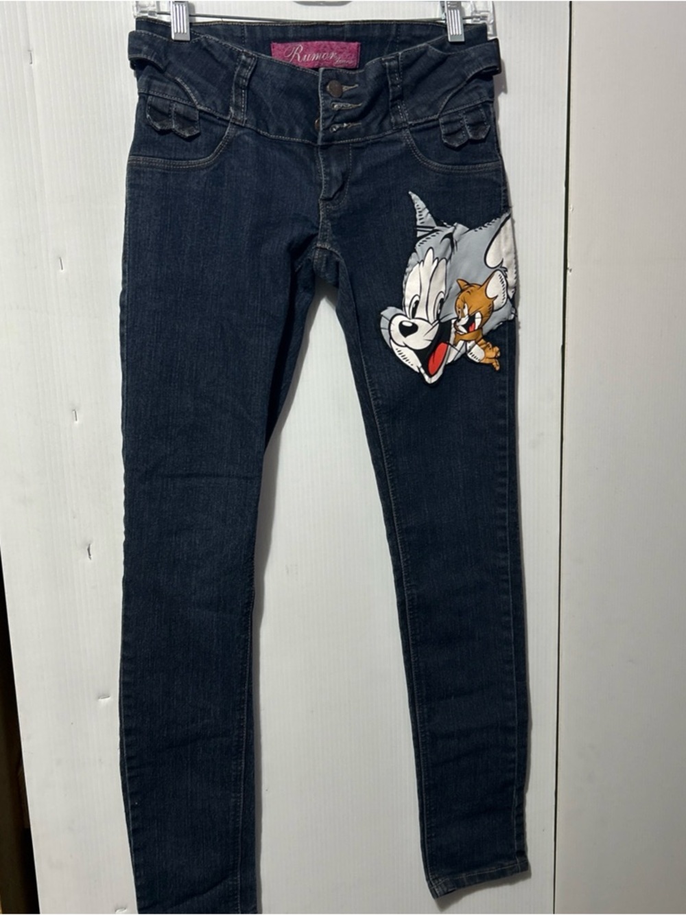 Dark Wash Skinny Jeans with Cartoon Patch